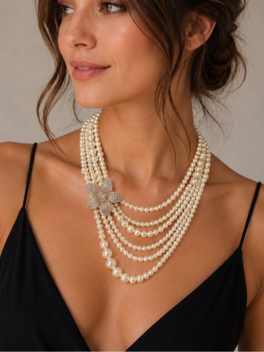 Vintage Italian Faux Pearl Multi Strand Statement Necklace Rhinestone Flower
